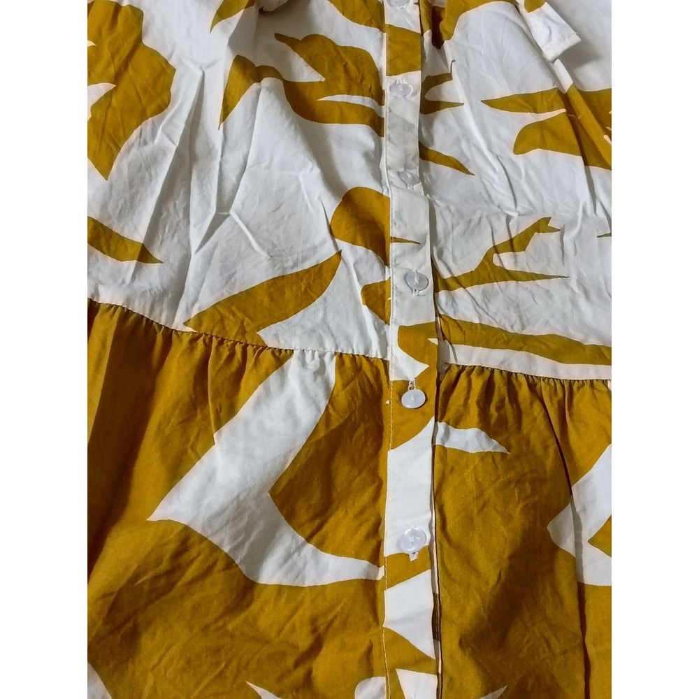 Boho Resortwear 100% Cotton Mustard Yellow White Abstract Maxi Shirtdress S - Picture 7 of 10